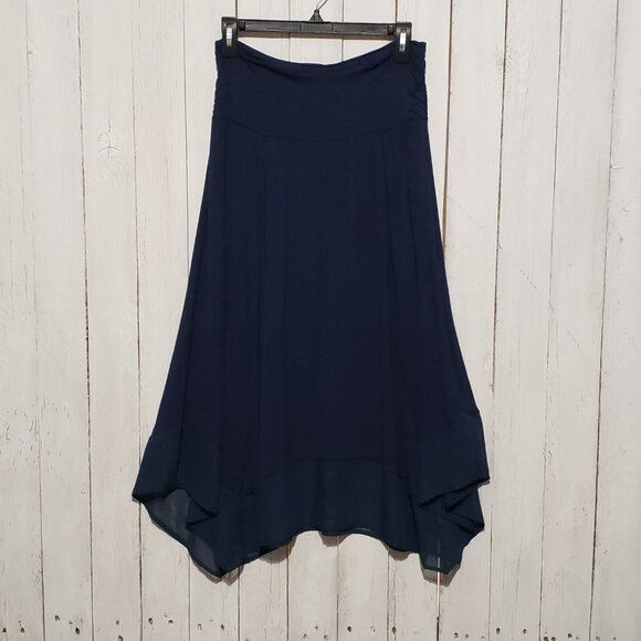 IN Studio 1X Midi Skirt Navy Blue Pull On Flowy Chiffon Hem Whimsigoth Boho Mod - Picture 2 of 8